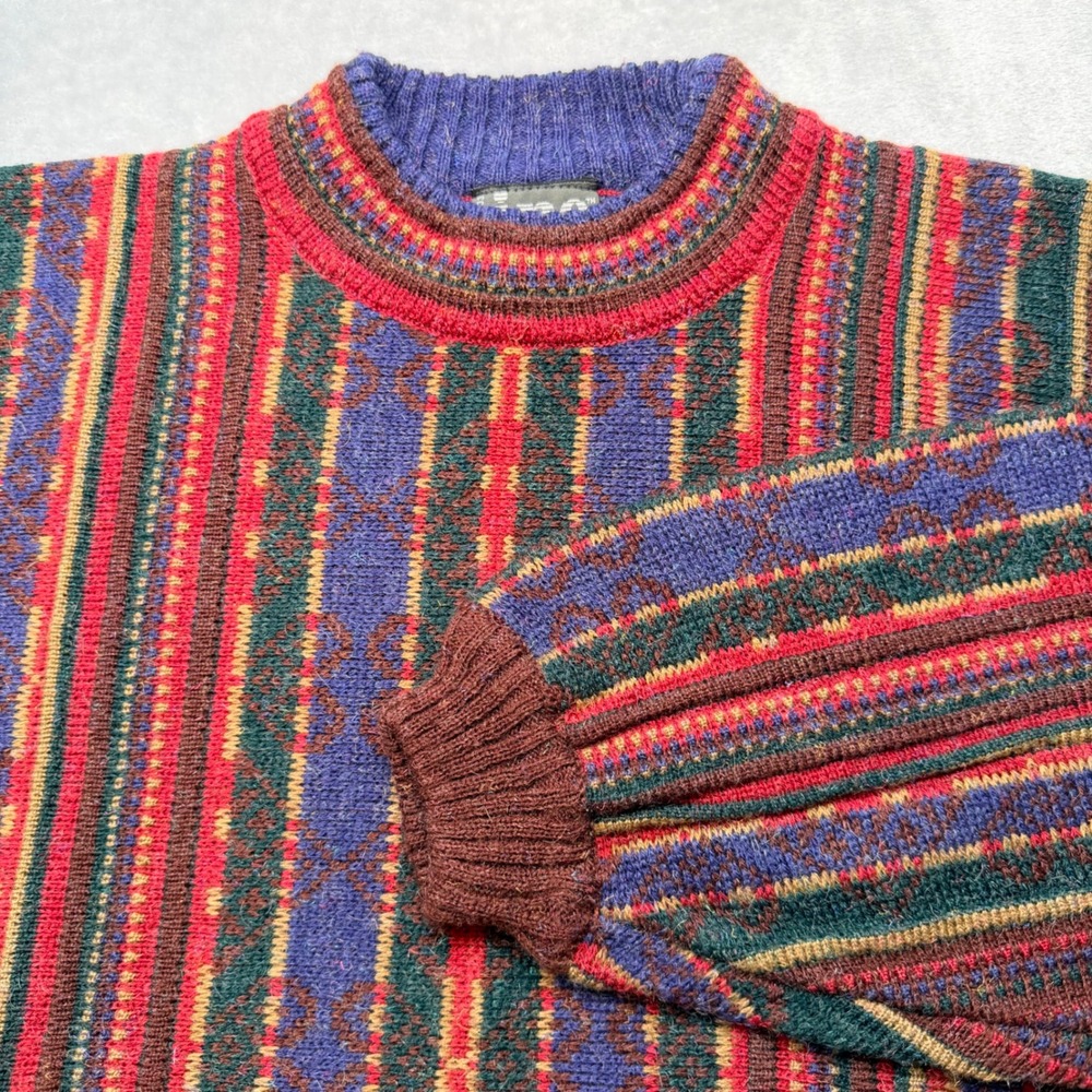 Vintage Inc Mens Large Multi Color Striped Knit Sweater Dropped Shoulder Ski